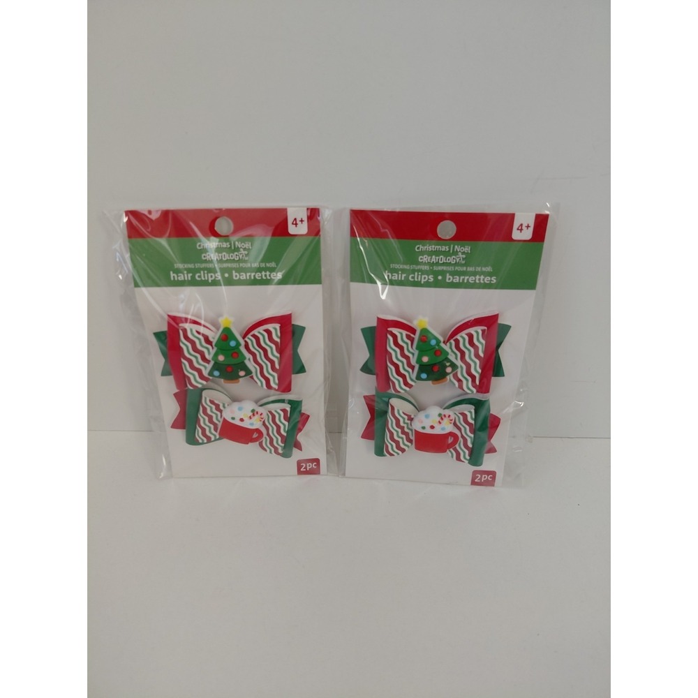 NEW Hair‎ Clips Bows Christmas Tree Cocoa Stocking Stuffers 4 Pc